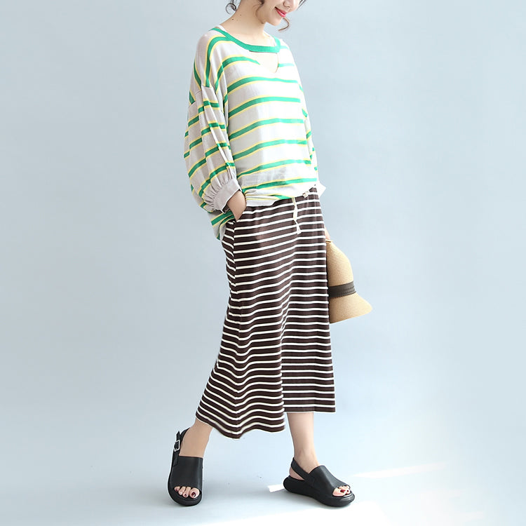 spring green striped cotton tops plus size lantern sleeve t shirt