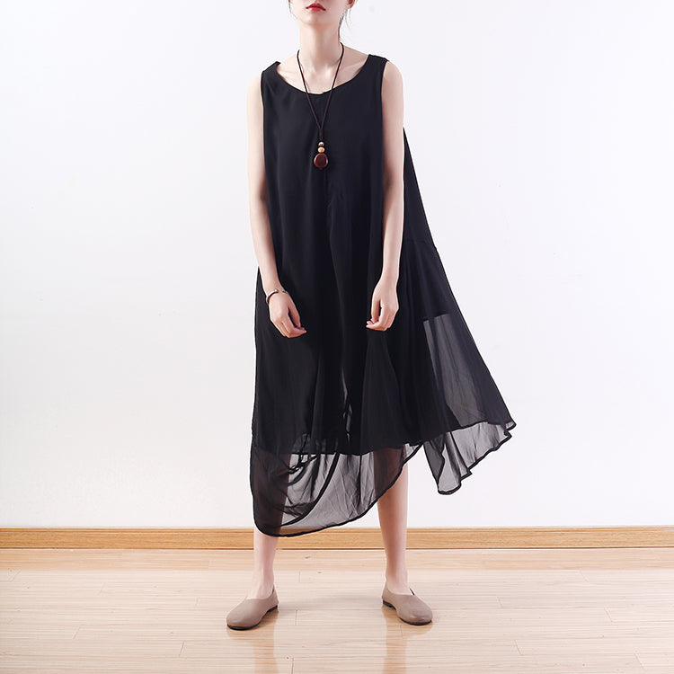 stylish black natural chiffon dress plus size asymmetric hem chiffon casual sleeveless dresses