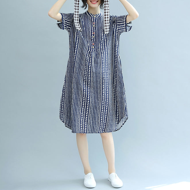 stylish blue floral Midi-length cotton dress plus size clothing cotton maxi dress Fine short sleeve pockets Stand baggy dresses