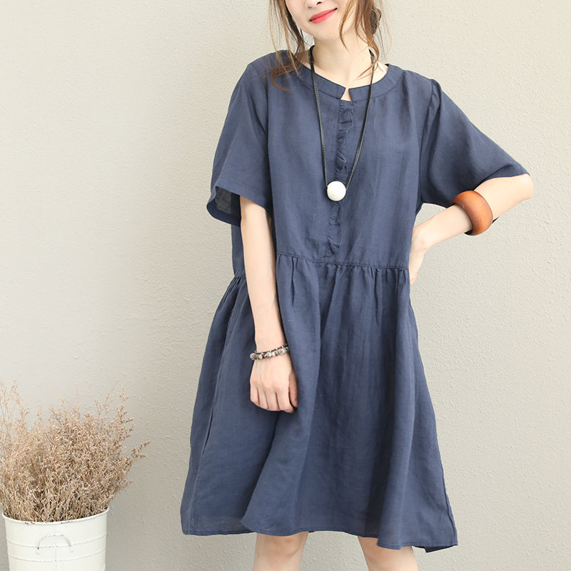 stylish blue linen dress oversize linen maxi dress women ruffles o neck cotton dress