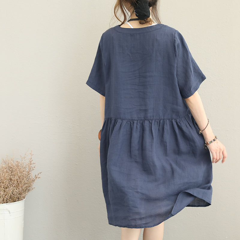 stylish blue linen dress oversize linen maxi dress women ruffles o neck cotton dress