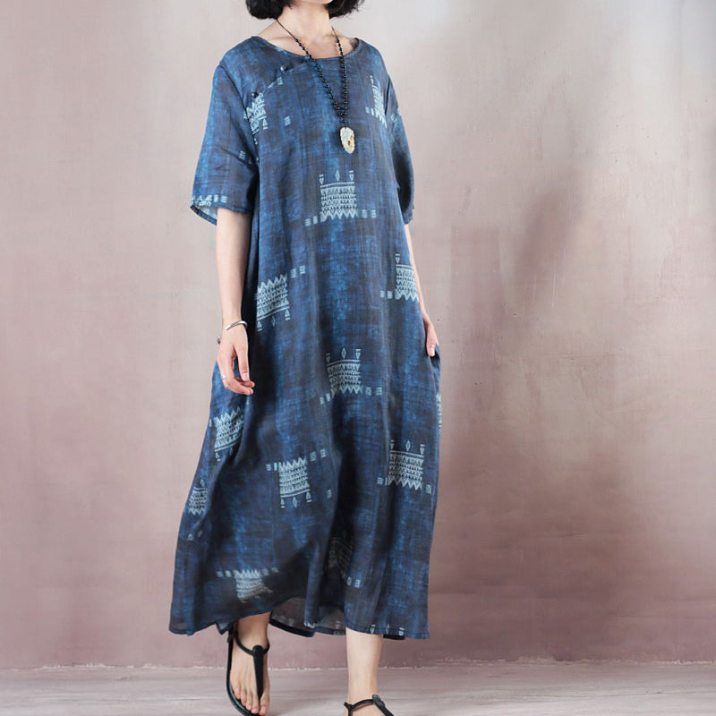 stylish blue linen dresses trendy plus size o neck Extra large hem caftans 2018 short sleeve baggy dresses caftans