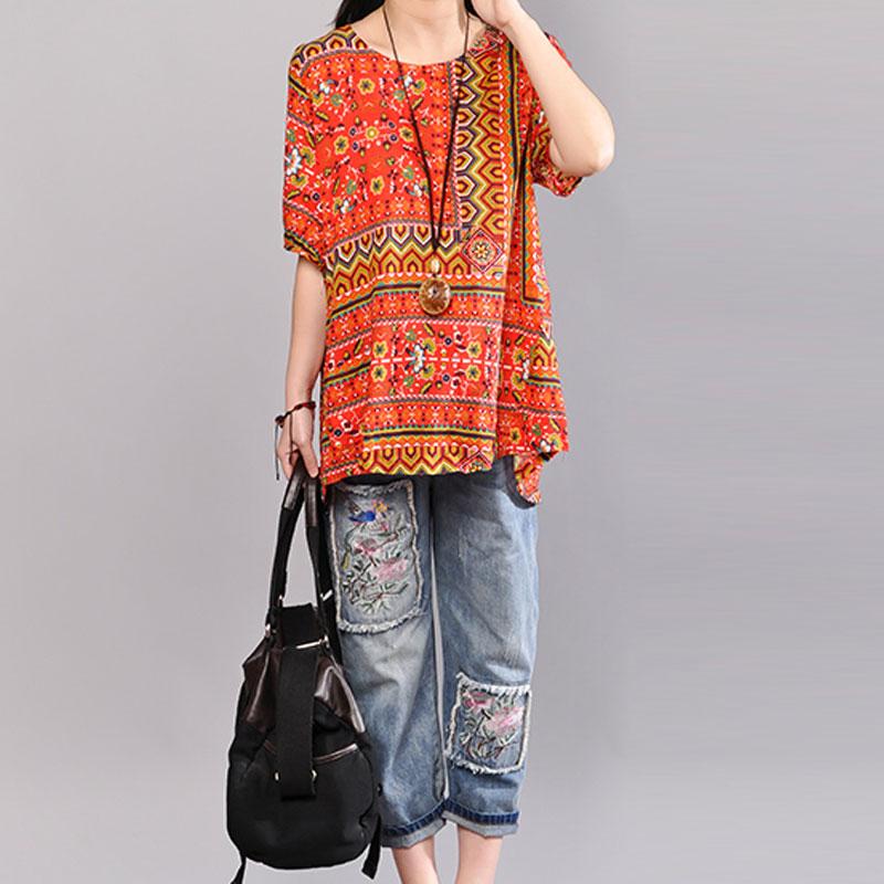 stylish cotton blouses Loose fitting Printed Women Summer Pullover Loose Cotton Tops