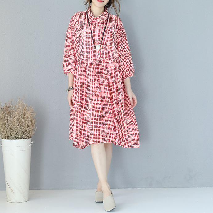 stylish red plaid cotton dresses plus size traveling clothing casual lapel collar bracelet sleeved cotton dress