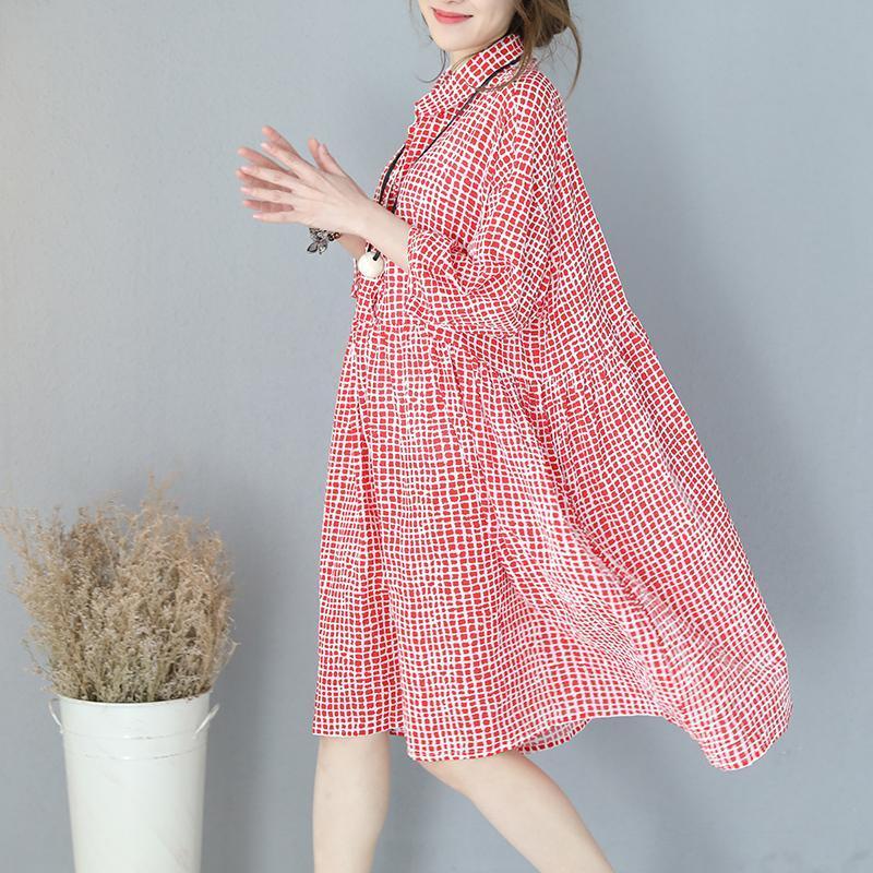 stylish red plaid cotton dresses plus size traveling clothing casual lapel collar bracelet sleeved cotton dress