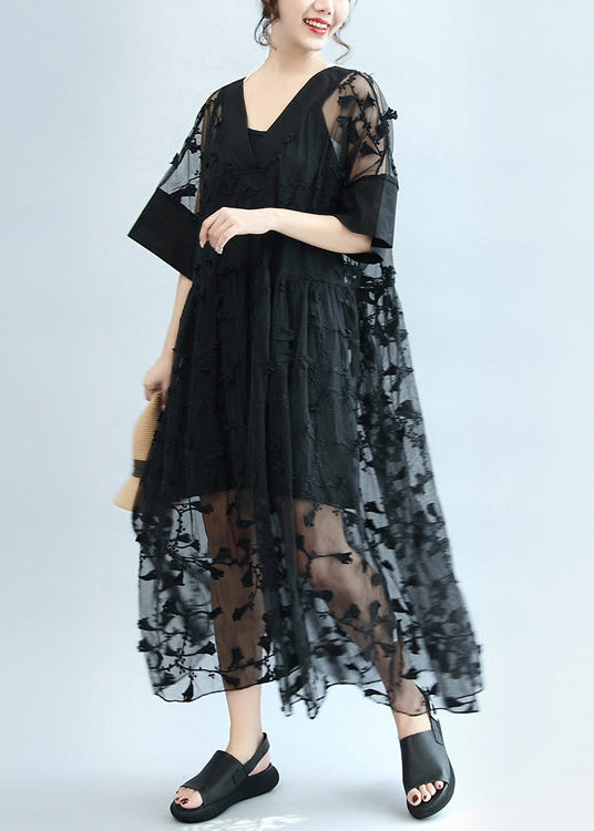 summer 2025 black embroidery lace dresses plus size maxi dress