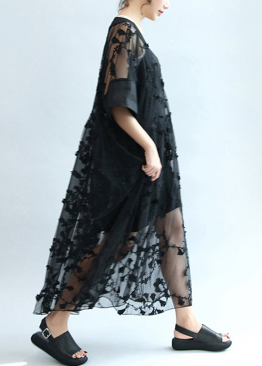 summer 2025 black embroidery lace dresses plus size maxi dress