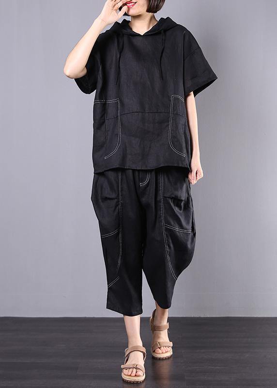 summer black casual linen two pieces hooded blouse with casual harem pants