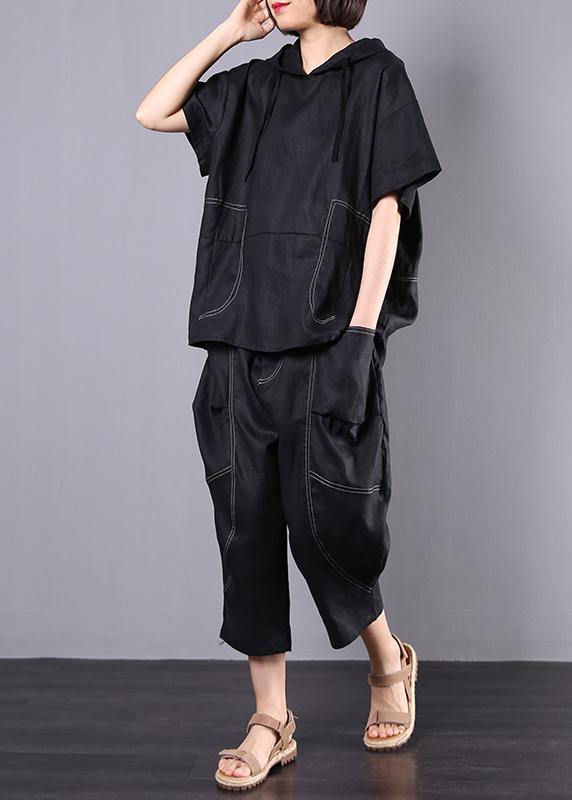 summer black casual linen two pieces hooded blouse with casual harem pants