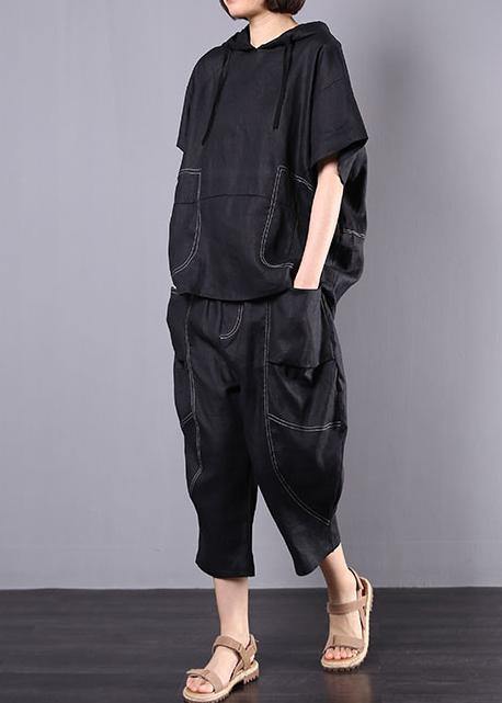 summer black casual linen two pieces hooded blouse with casual harem pants