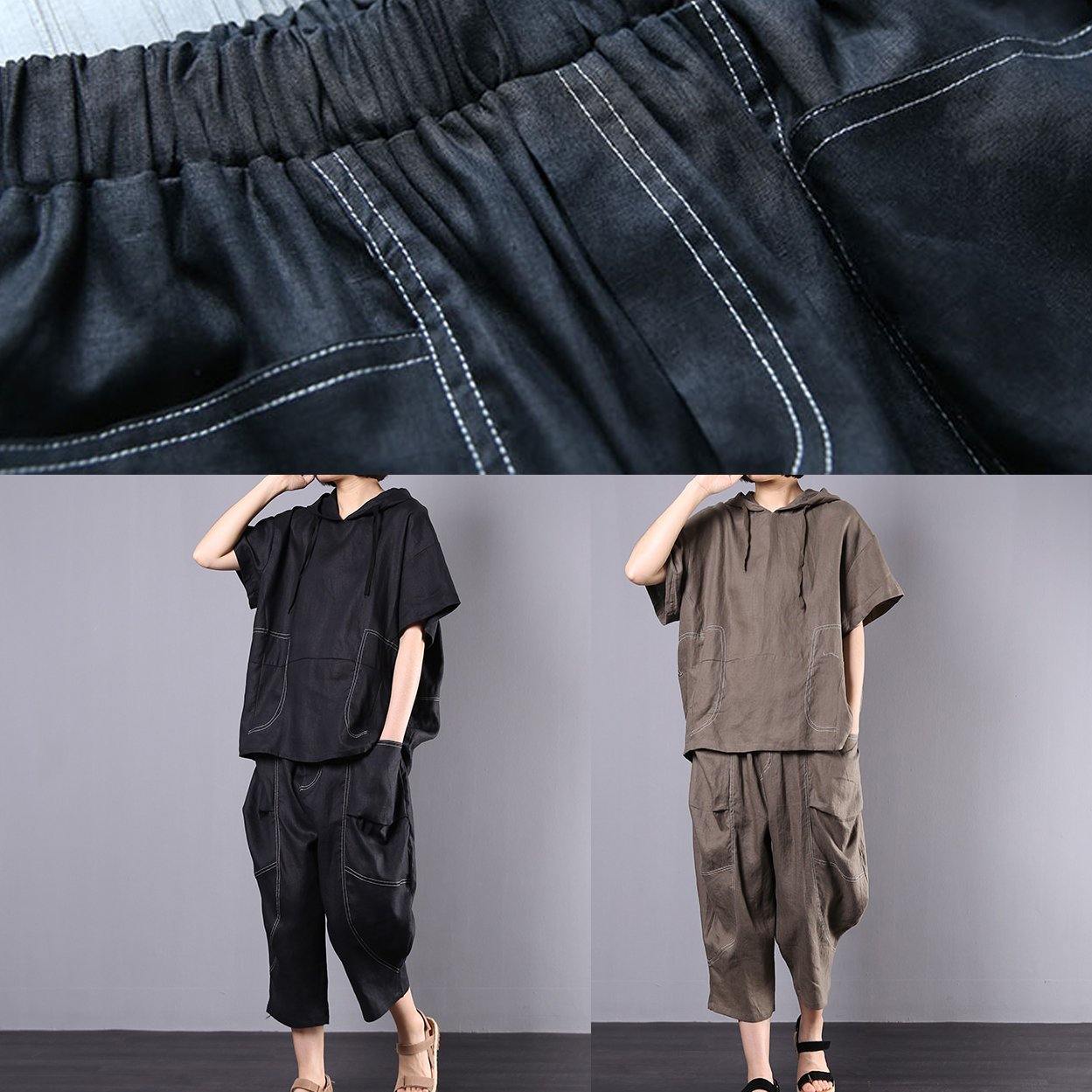 summer black casual linen two pieces hooded blouse with casual harem pants