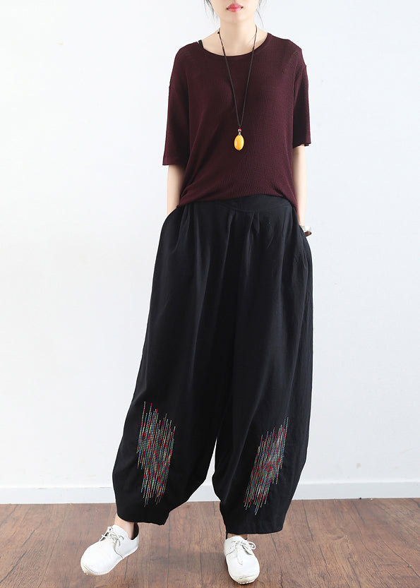 summer casual black embroidery cotton linen traveling pants loose women wide leg pant