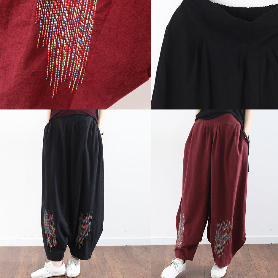 summer casual black embroidery cotton linen traveling pants loose women wide leg pant