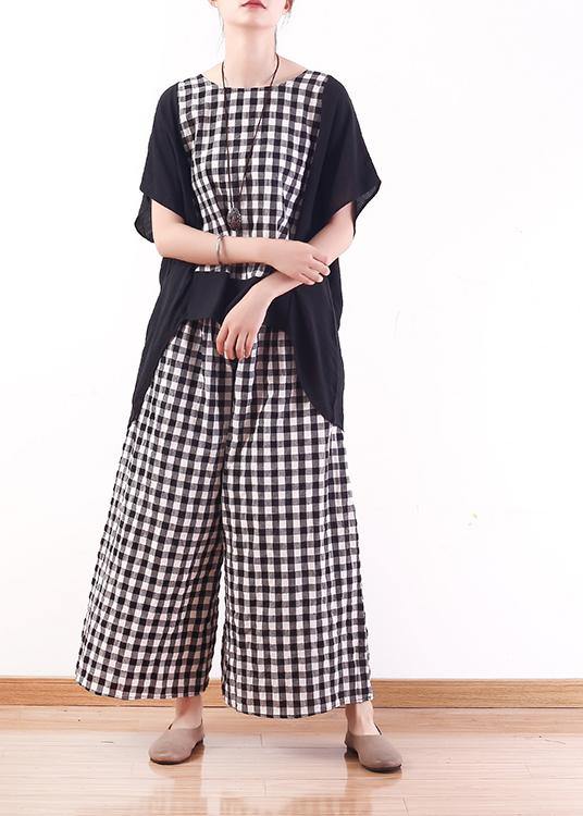 summer casual cotton linen two pieces black white plaid patchwork tops and elastic waist wide leg pants