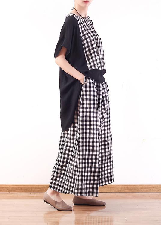 summer casual cotton linen two pieces black white plaid patchwork tops and elastic waist wide leg pants