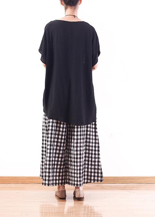 summer casual cotton linen two pieces black white plaid patchwork tops and elastic waist wide leg pants