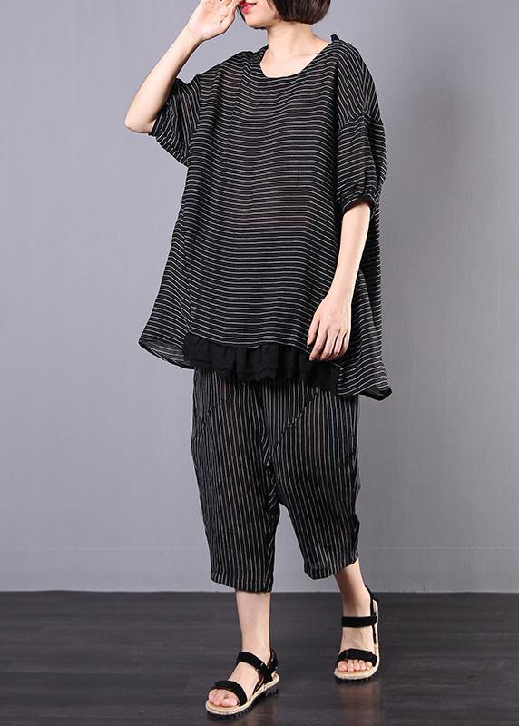 summer casual two pieces black striped patchwork tops and elastic waist women pants