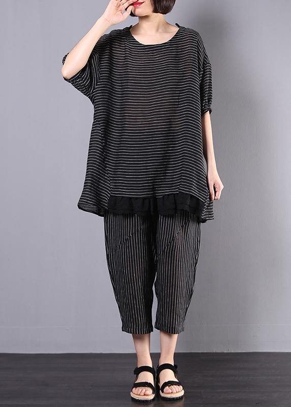 summer casual two pieces black striped patchwork tops and elastic waist women pants