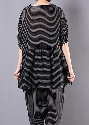 summer casual two pieces black striped patchwork tops and elastic waist women pants