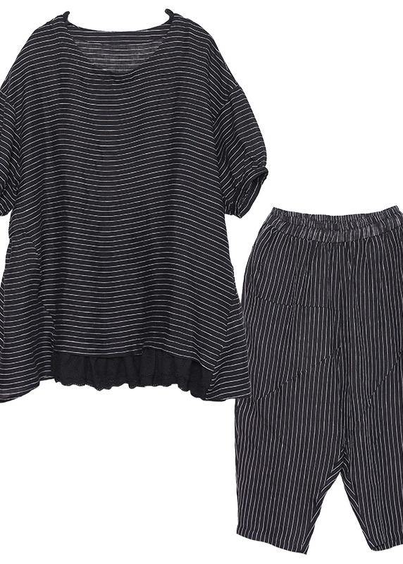 summer casual two pieces black striped patchwork tops and elastic waist women pants