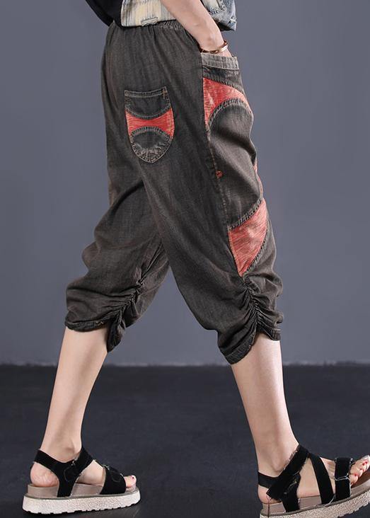 summer chocolate cotton women pants elastic waist patchwork Cinched jeans