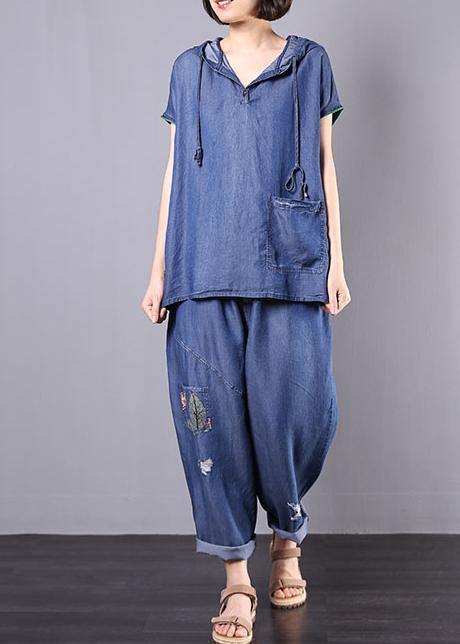 summer cotton blended blue hooded tops with elastic waist pants two pieces