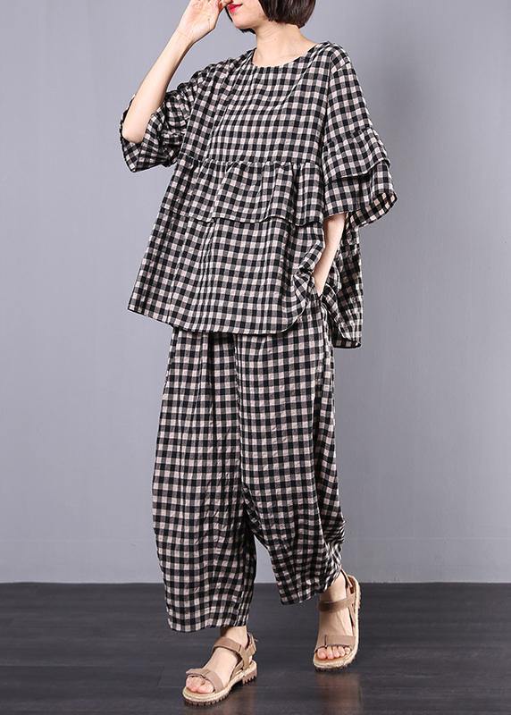 summer cotton linen two pieces black plaid ruffles sleeve blouse with women wide leg pants