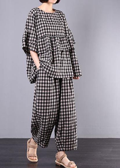 summer cotton linen two pieces black plaid ruffles sleeve blouse with women wide leg pants