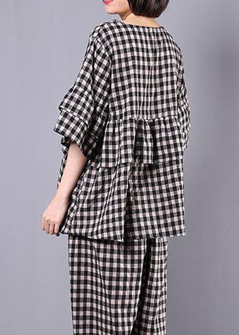 summer cotton linen two pieces black plaid ruffles sleeve blouse with women wide leg pants