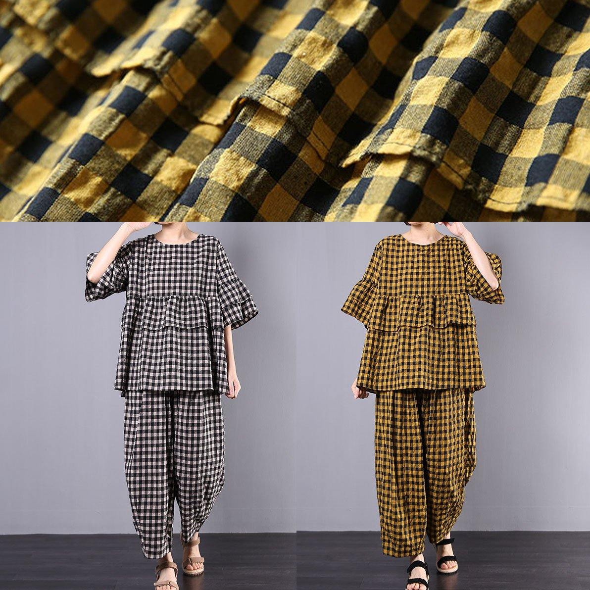 summer cotton linen two pieces black plaid ruffles sleeve blouse with women wide leg pants