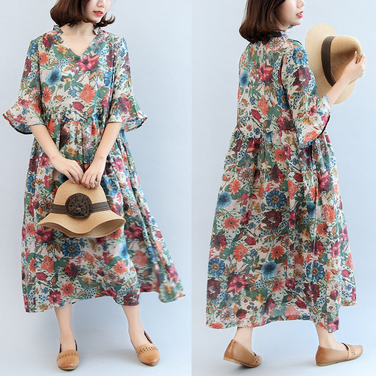 Summer Floral Casual Cotton Blend Sundress Oversize Bracelet Sleeved Maxi Dress