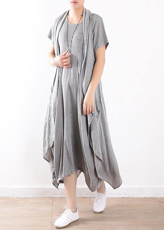 summer new gray original design striped dress long dresses and vest outside wearing casual suit