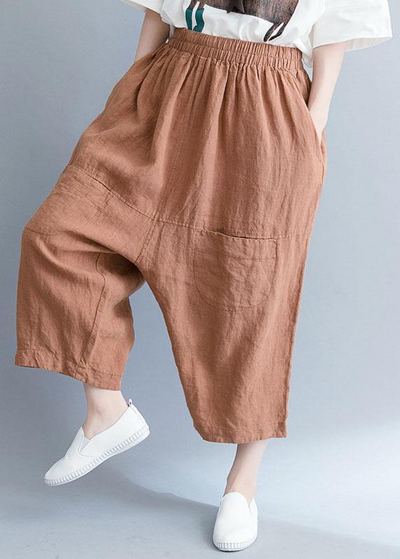 summer new khaki cotton linen pants plus size elastic waist crop pants