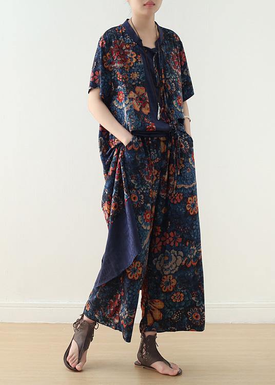 summer silk blended two pieces v neck short sleeve cardigan with elastic waist wide leg pants