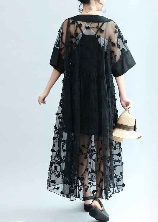 summer 2025 black embroidery lace dresses plus size maxi dress