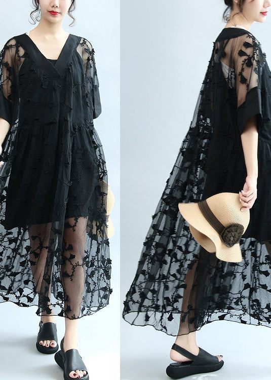 summer 2025 black embroidery lace dresses plus size maxi dress