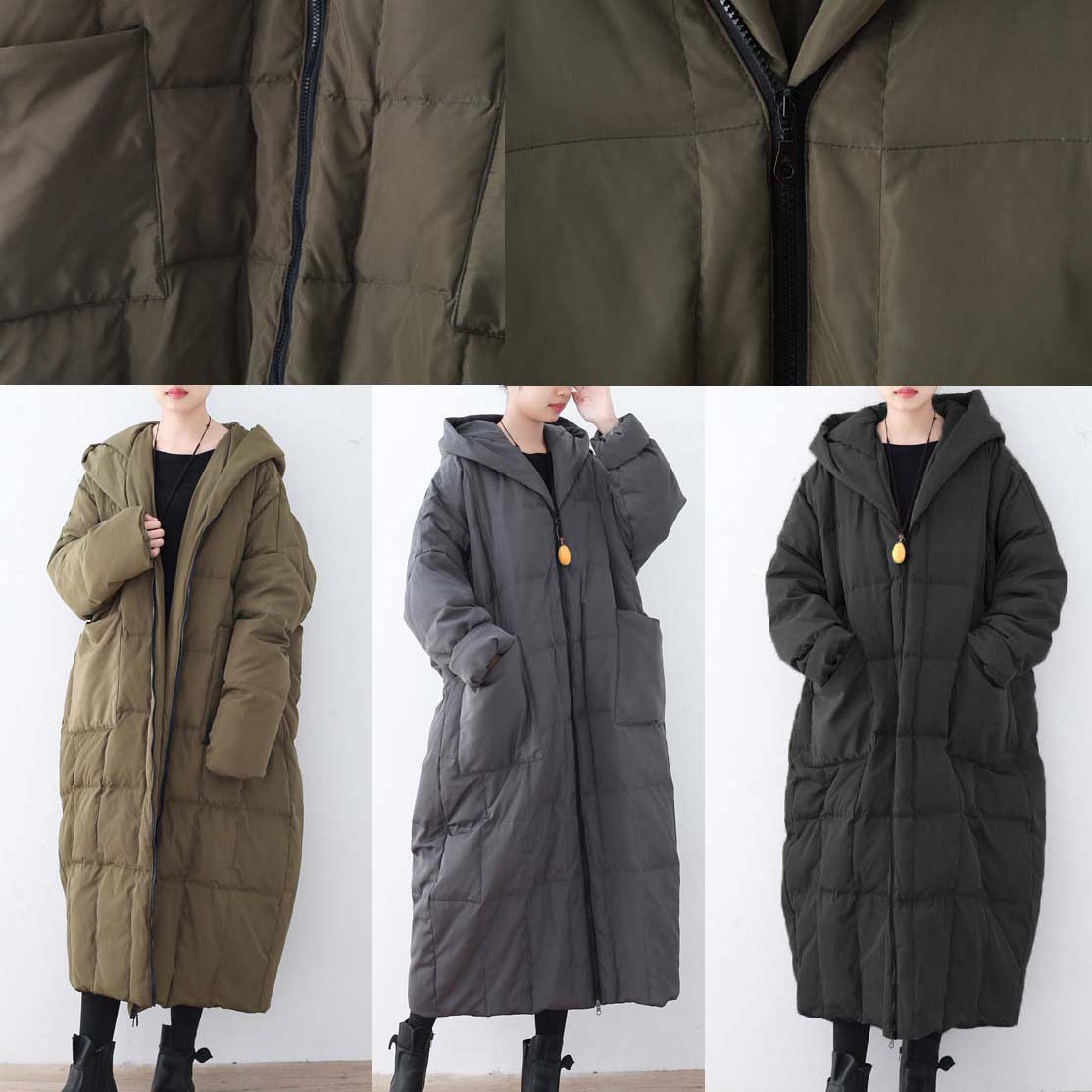 thick blackish green Puffers Jackets plus size clothing down coat Casual hooded overcoat warm thick