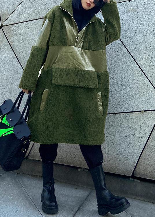 army green wool coat trendy plus size winter lapel patchwork PU jacket