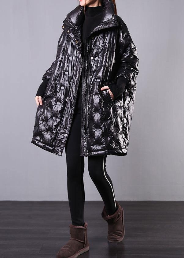 Fine Black Duck Down Coat Plus Size Stand Collar Winter Jacket Batwing Sleeve New Overcoat