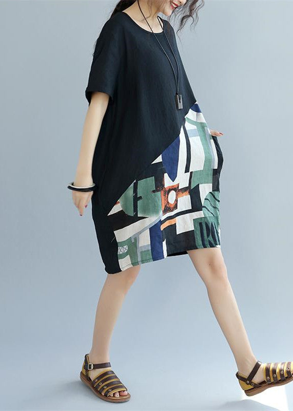 fine black patchwork linen shift dress Loose fitting cotton clothing dress Elegant short sleeve wild prints knee dresses