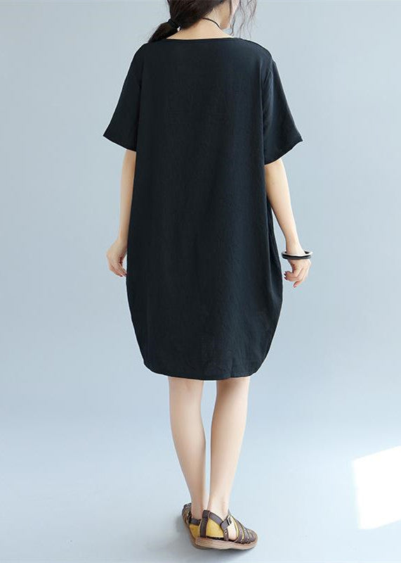 fine black patchwork linen shift dress Loose fitting cotton clothing dress Elegant short sleeve wild prints knee dresses