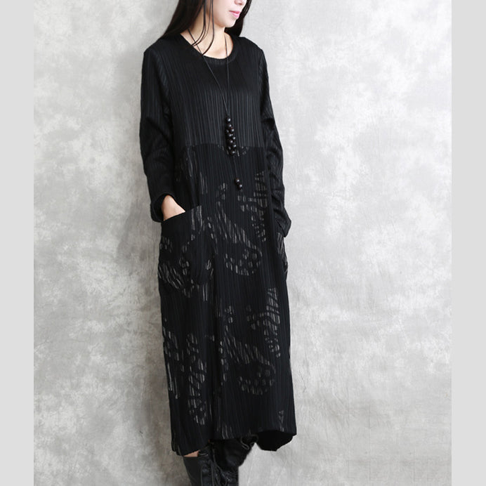 fine black striped autumn cotton blended dress plus size clothing O neck patchwork cotton blended gown casual long sleeve pockets maxi dresses