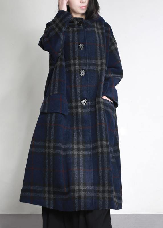 fine blue plaid woolen overcoat oversized hooded pockets Winter coat women coats