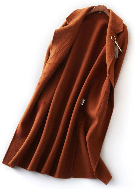 fine brown Woolen Coats plus size clothing maxi side open Notched coat