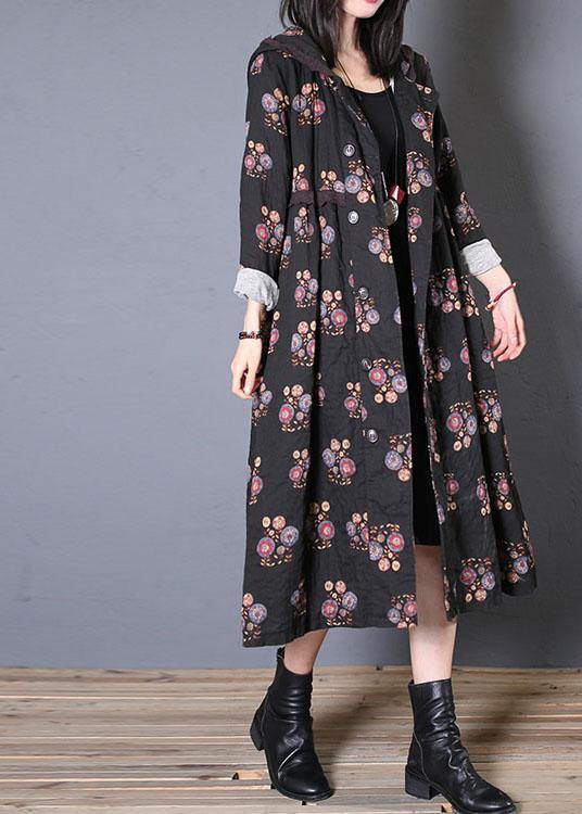 fine casual long coat fall black print hooded Cinched overcoat