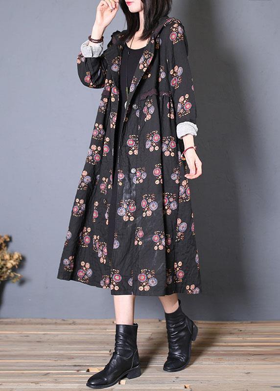 fine casual long coat fall black print hooded Cinched overcoat