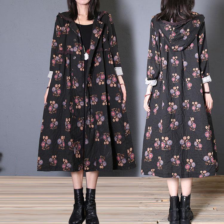 fine casual long coat fall black print hooded Cinched overcoat