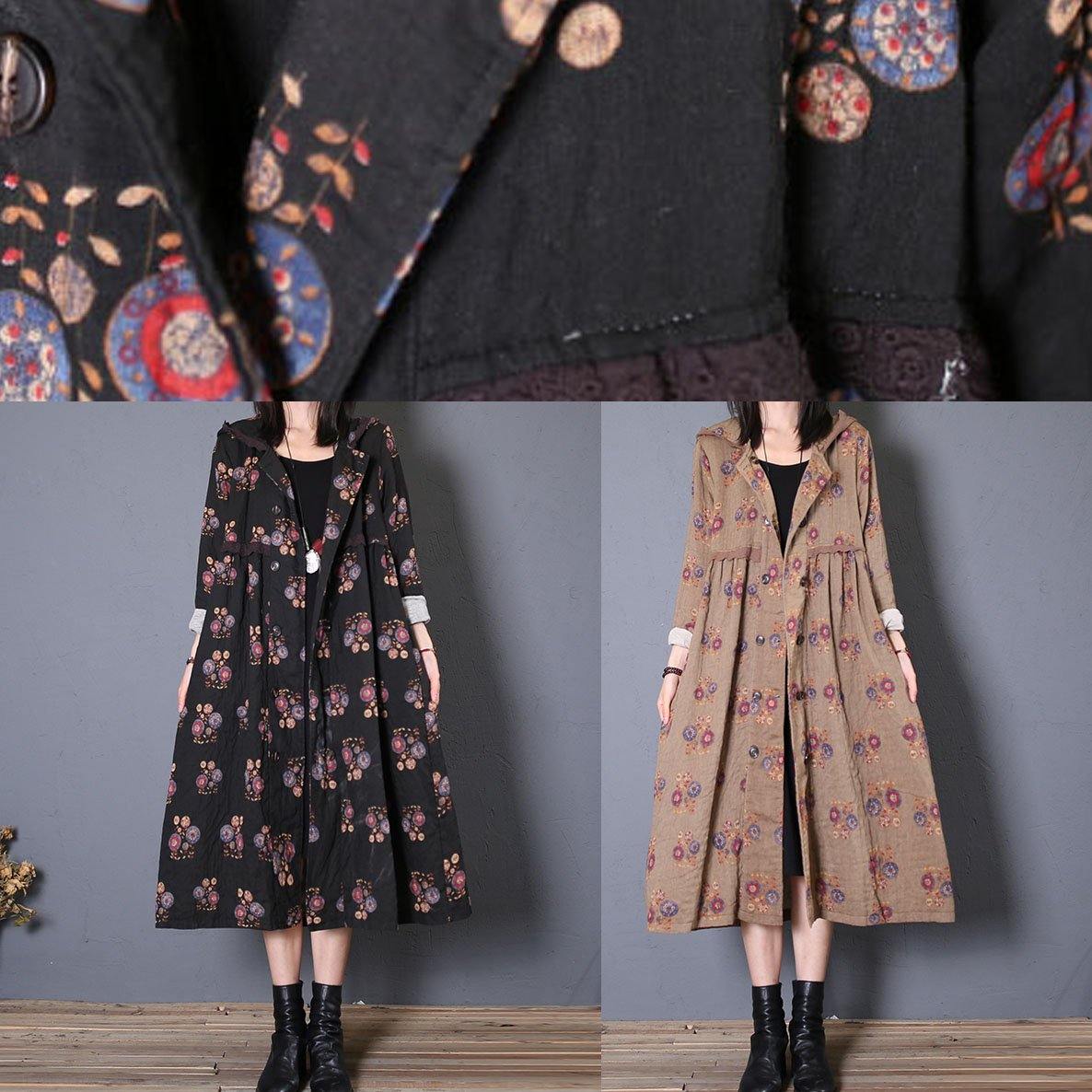 fine casual long coat fall black print hooded Cinched overcoat