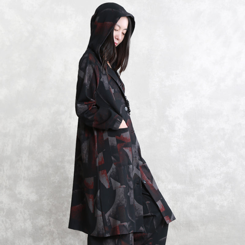 fine floral coat oversized two pieces Hooded pockets coat women long sleeve long coats elastic waist trouse