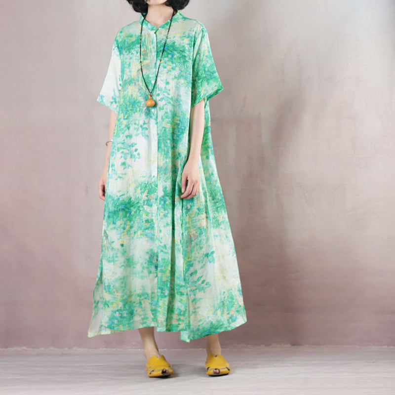 fine green linen caftans oversized Stand gown 2018 short sleeve print kaftans